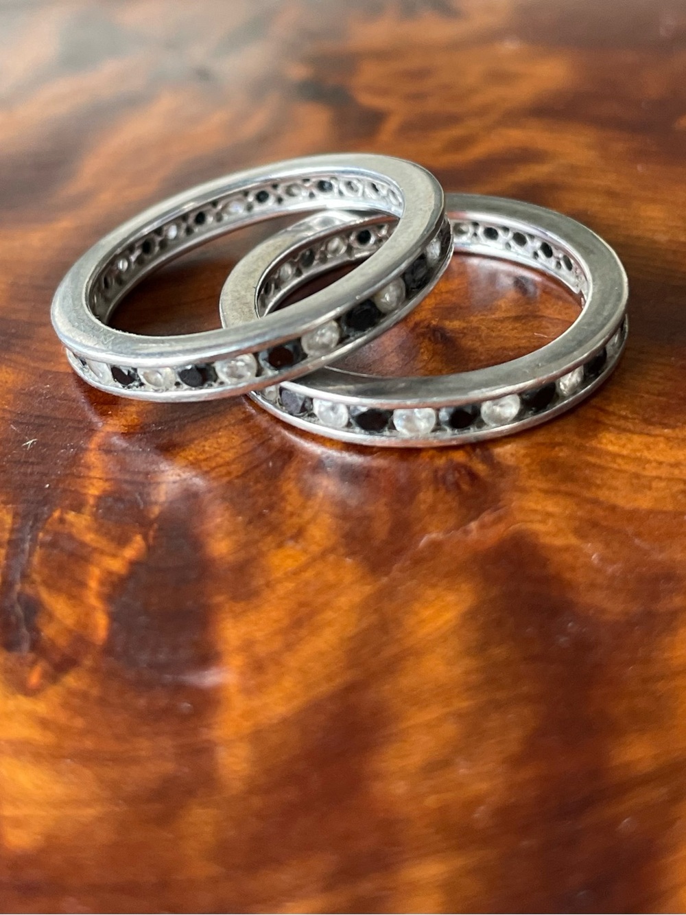 Pair x2 925 Sterling Silver Channel Set Black & White CZ Eternity Bands sz 7